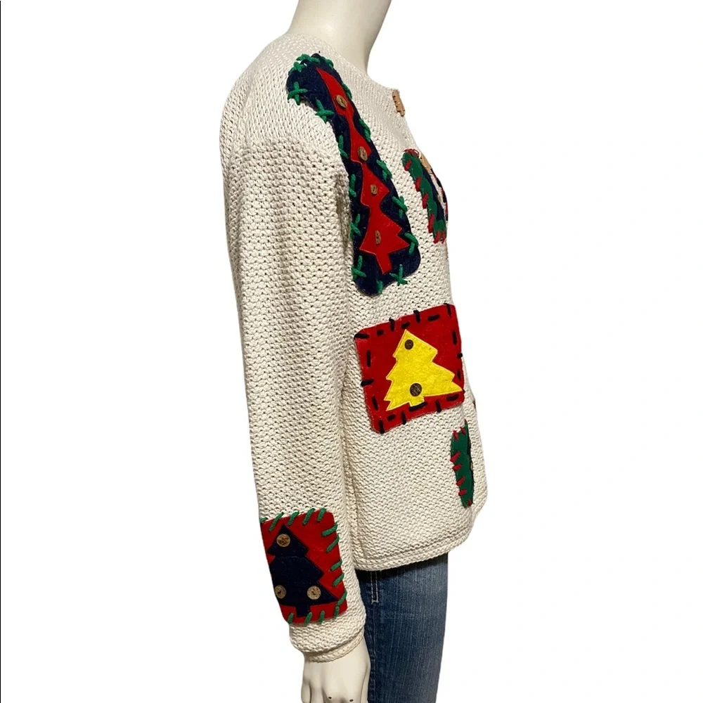 EAGLE'S EYE Vintage Cream Holiday Tree Felt Color Block Cardigan L - Picture 3 of 9